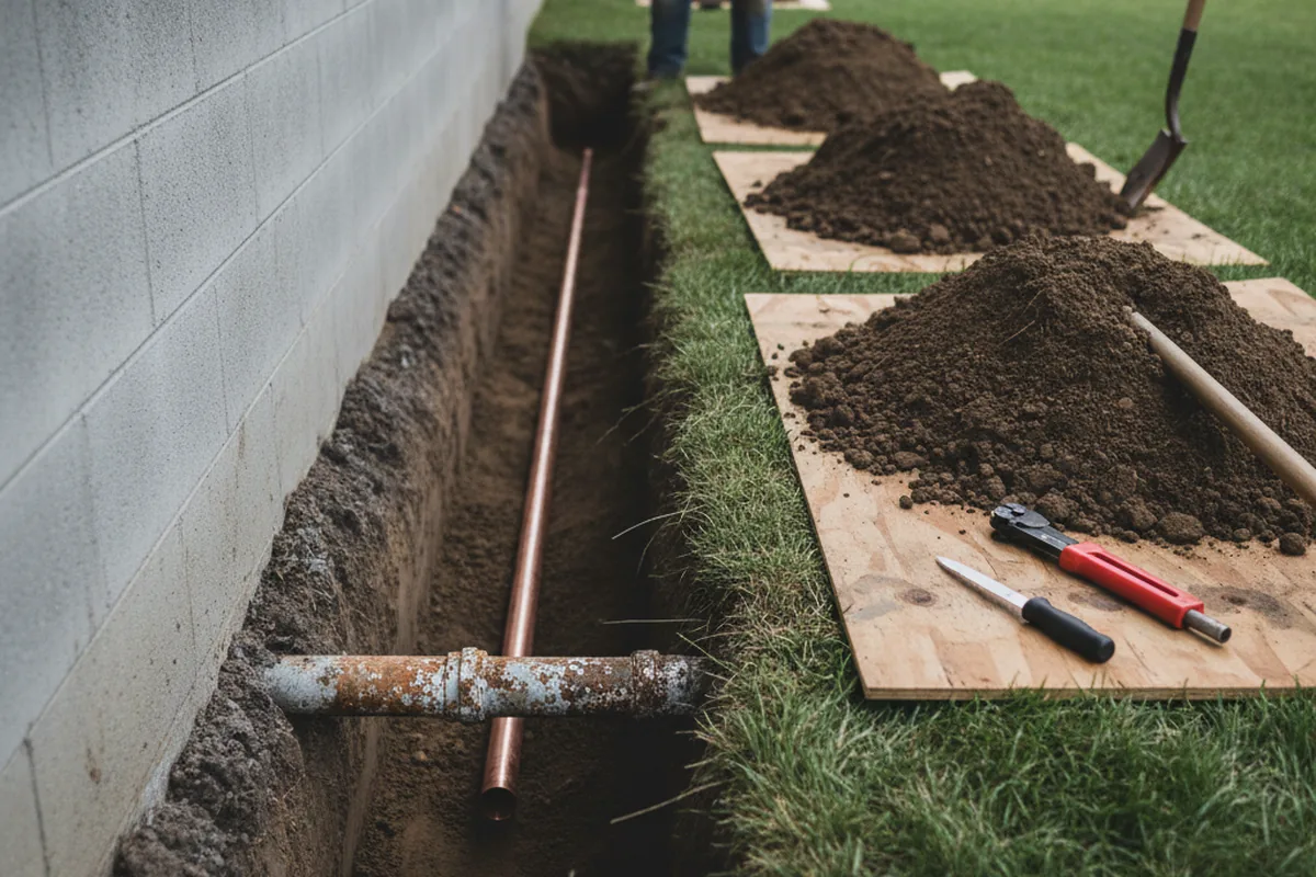 Excavated water line trench during Water Heater Repair in Norfolk